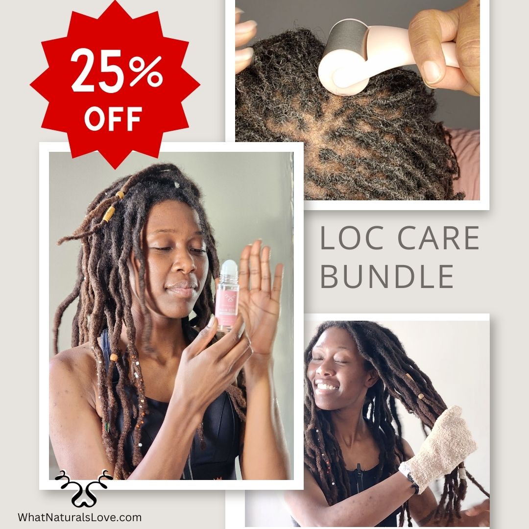 What Naturals Love Loc Care Bundle with 25% off discount, featuring a cryotherapy scalp roller and hair serum for scalp care and hair growth.