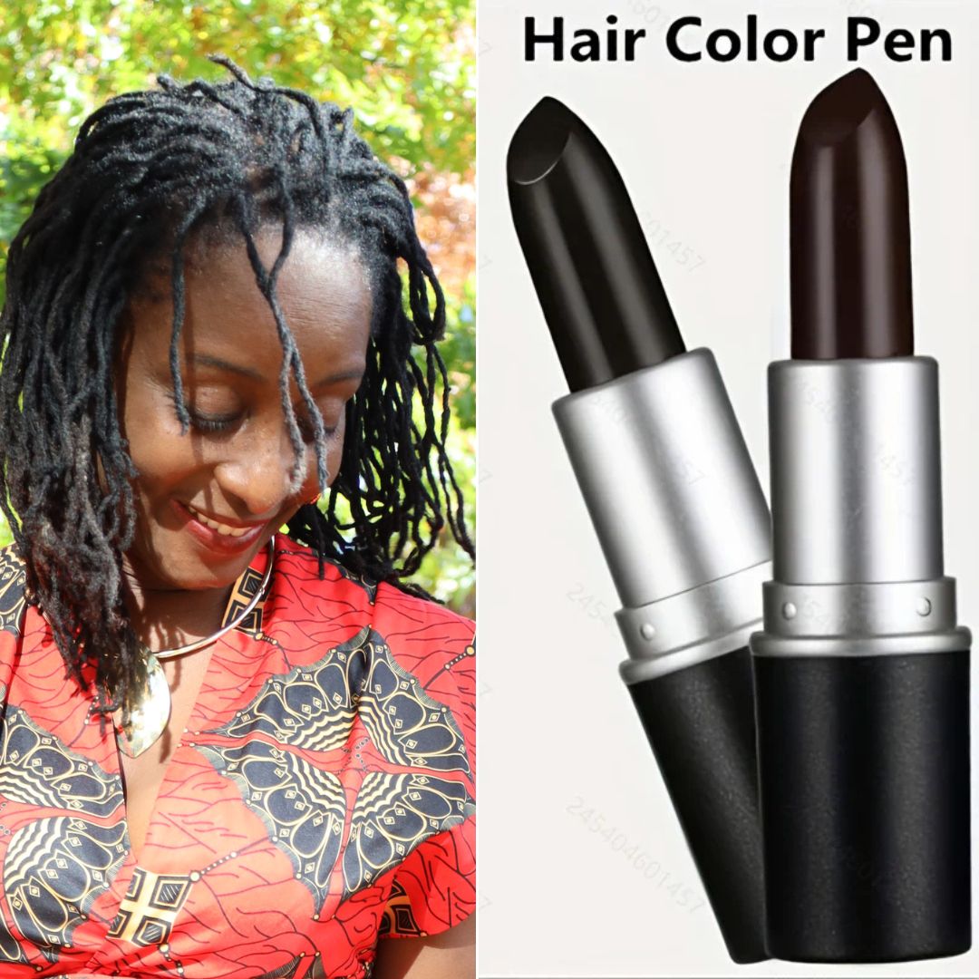 Hair Color Pen in black and brown shades, shaped like a lipstick for quick grey hair coverage. Perfect for touch-ups and natural blending.