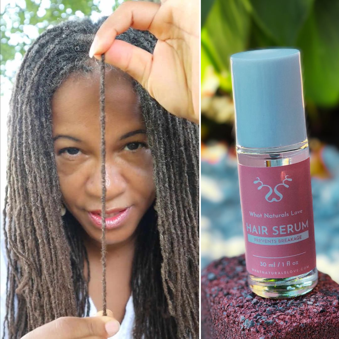 Woman showcasing hair growth with What Naturals Love Hair Serum bottle. Strengthens locs, prevents breakage, and hydrates scalp.