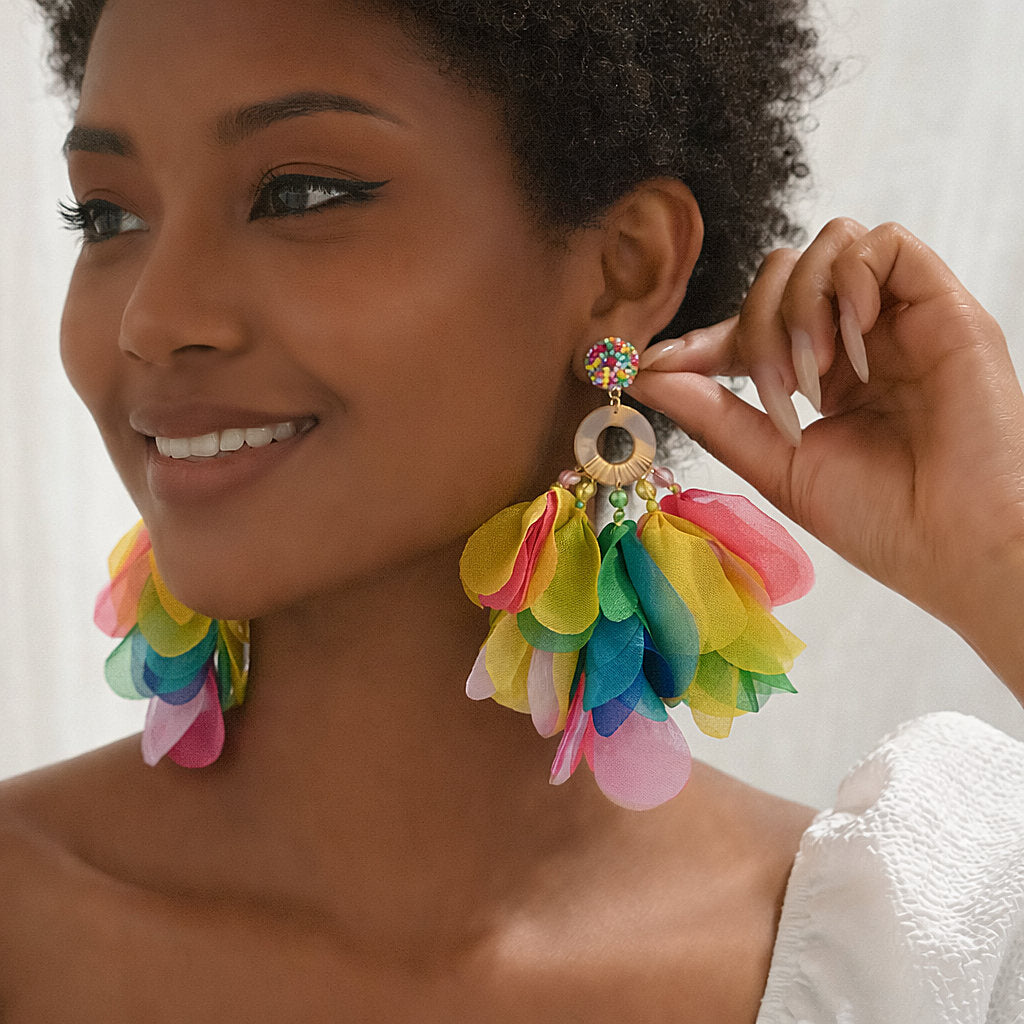 Oversized Fabric Petal Tassel Statement Earrings | Lightweight Floral Boho Drop Earrings for Women