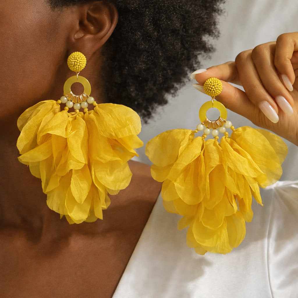 Oversized Fabric Petal Tassel Statement Earrings | Lightweight Floral Boho Drop Earrings for Women