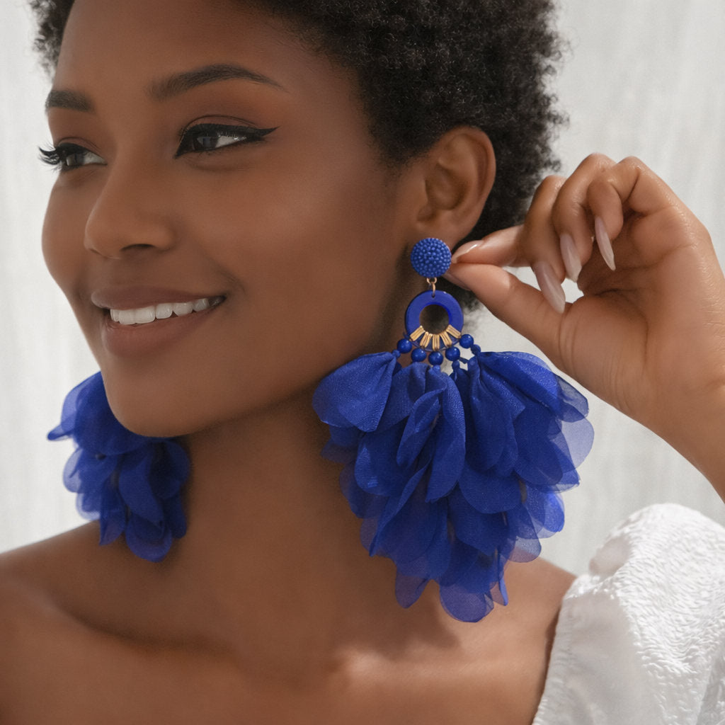 Oversized Fabric Petal Tassel Statement Earrings | Lightweight Floral Boho Drop Earrings for Women