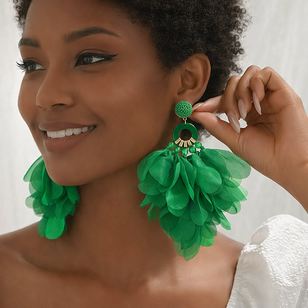 Oversized Fabric Petal Tassel Statement Earrings | Lightweight Floral Boho Drop Earrings for Women