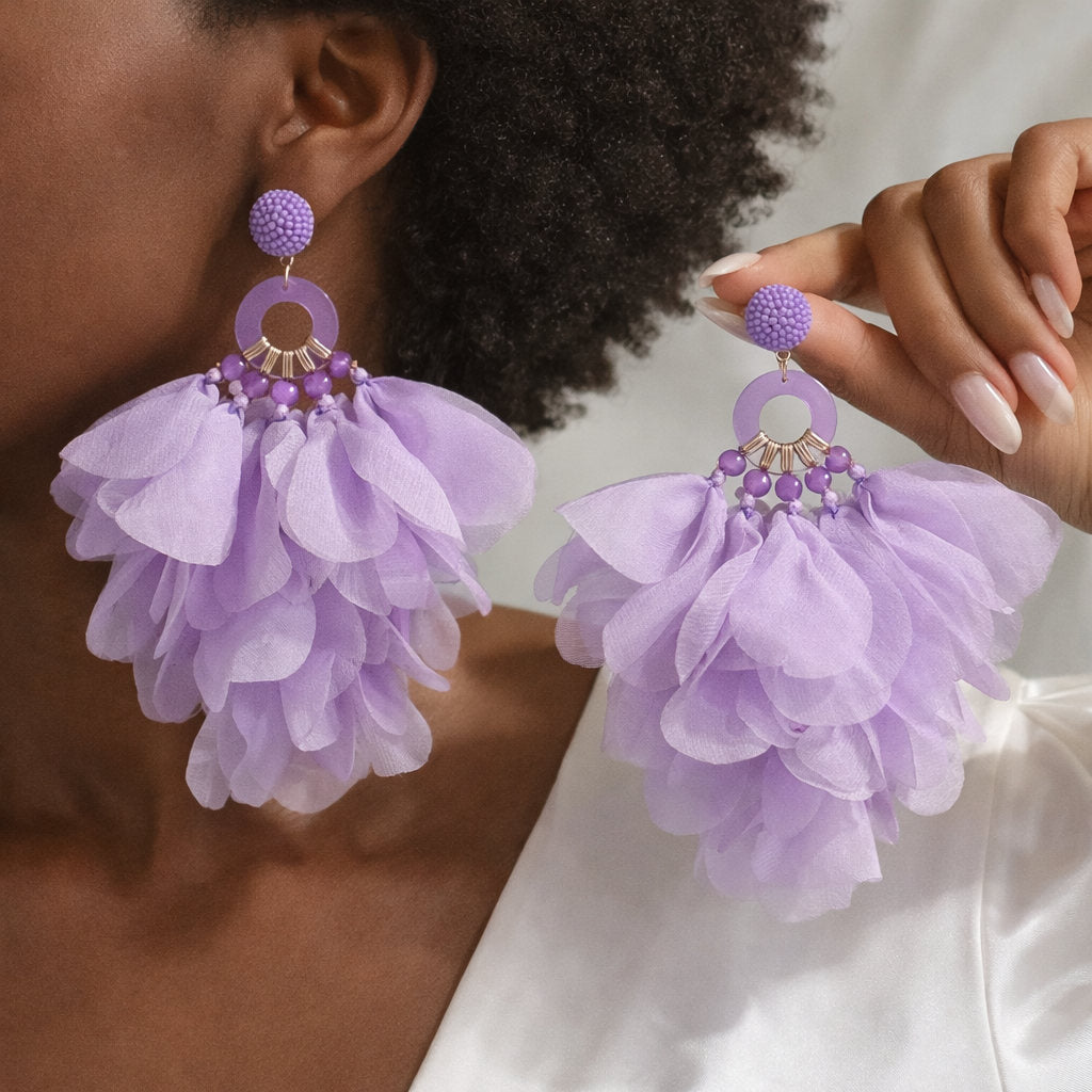 Oversized Fabric Petal Tassel Statement Earrings | Lightweight Floral Boho Drop Earrings for Women
