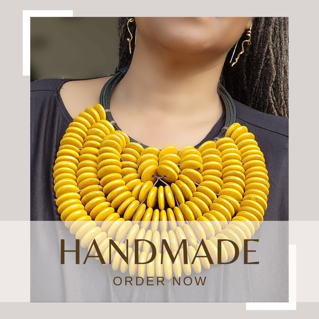 Handmade Citrine Cascade Collar featuring bold yellow wooden beads in a layered design. A statement African necklace perfect for unique fashion styling.
