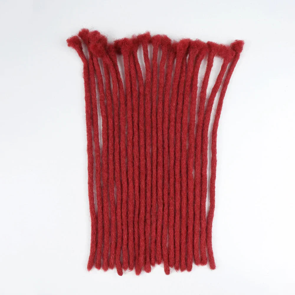 Bright red human hair loc extensions, 0.4 cm thick, perfect for a striking and vibrant dreadlock look.
