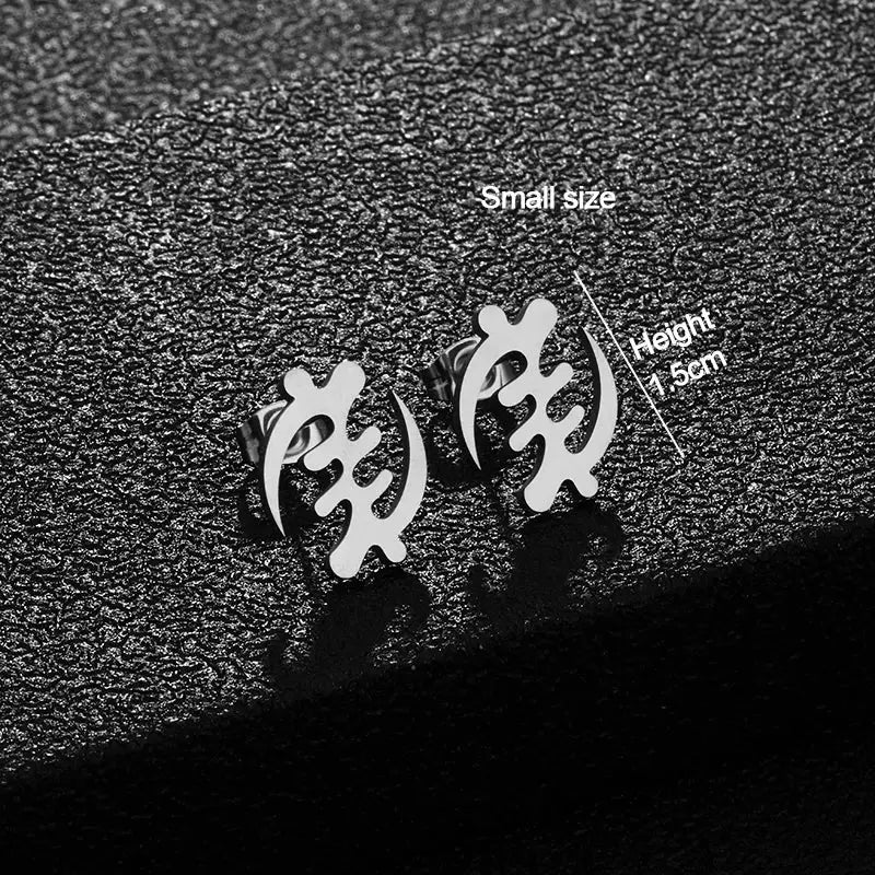 Small silver Adinkra symbol stud earrings with a 5cm height. Elegant African-inspired jewelry for a subtle cultural touch.