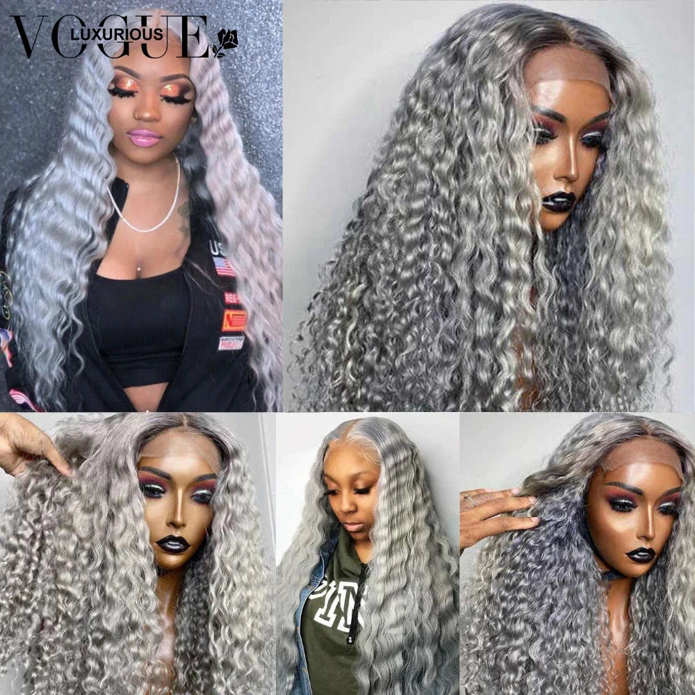 Stylish long grey deep curly wig with 250 density and 13x4 lace front. Made from human hair, offering a natural look and voluminous curls.