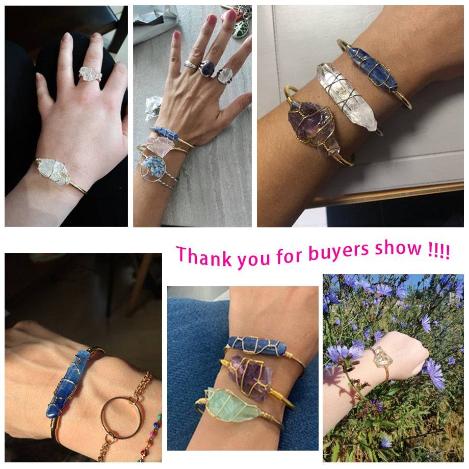Collage of customer images showcasing various copper bracelets with wire-wrapped crystal quartz stones.
