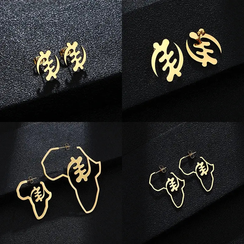 Set of African Adinkra earrings in various designs and sizes, crafted from gold-tone stainless steel. Elegant cultural jewelry for everyday wear.
