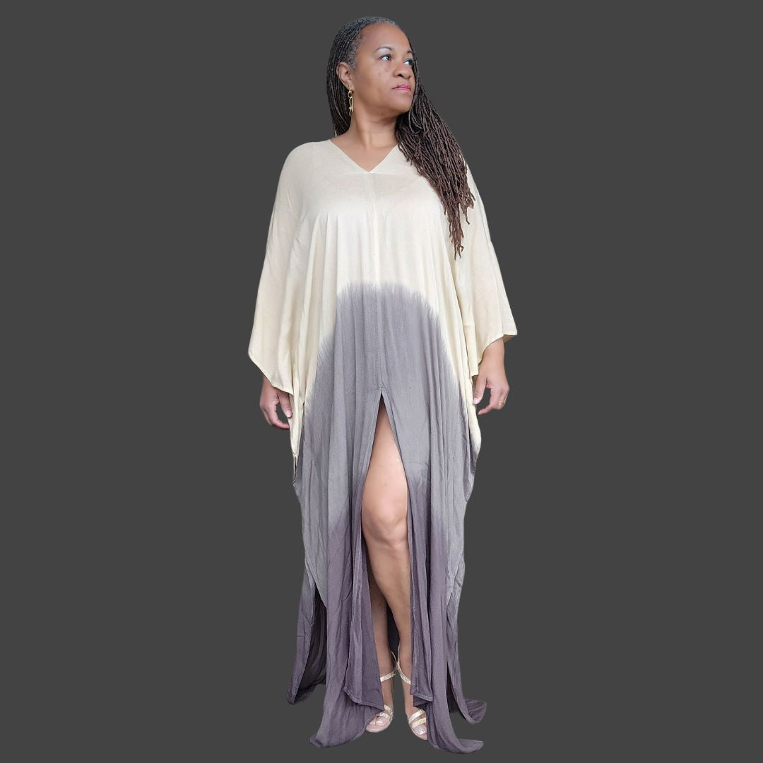 Elegant hand-dyed kaftan maxi dress with a front slit in beige and gray. A stylish and comfortable choice for casual outings and summer events.