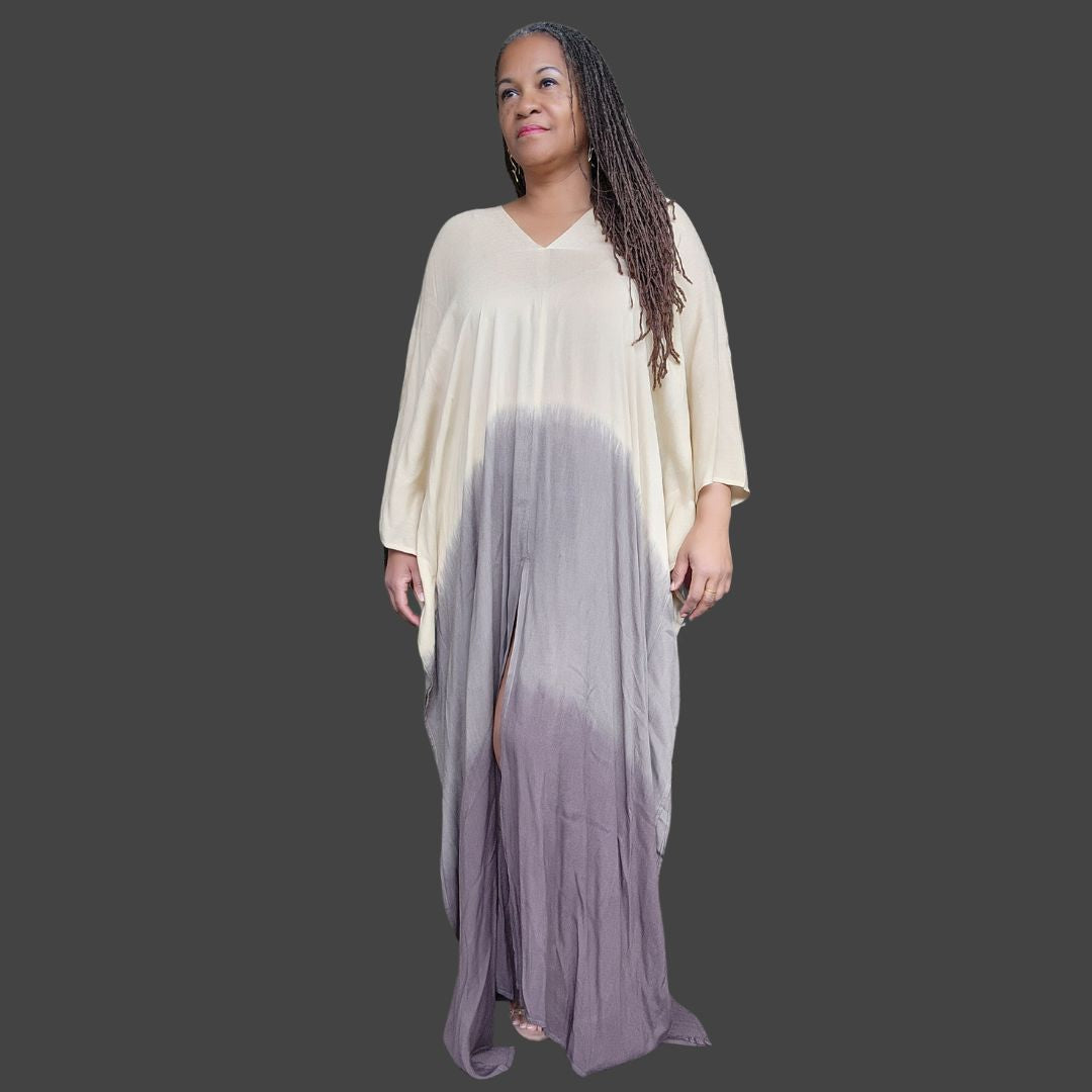 Chic hand-dyed slit maxi dress in beige and gray, designed for comfort and elegance. A perfect addition to your summer and Memorial Day wardrobe.