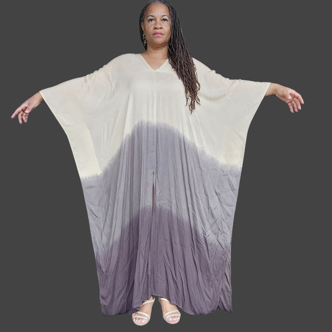 Oversized hand-dyed kaftan maxi dress in beige and gray with wide sleeves. A breezy and stylish outfit for spring and summer fashion.