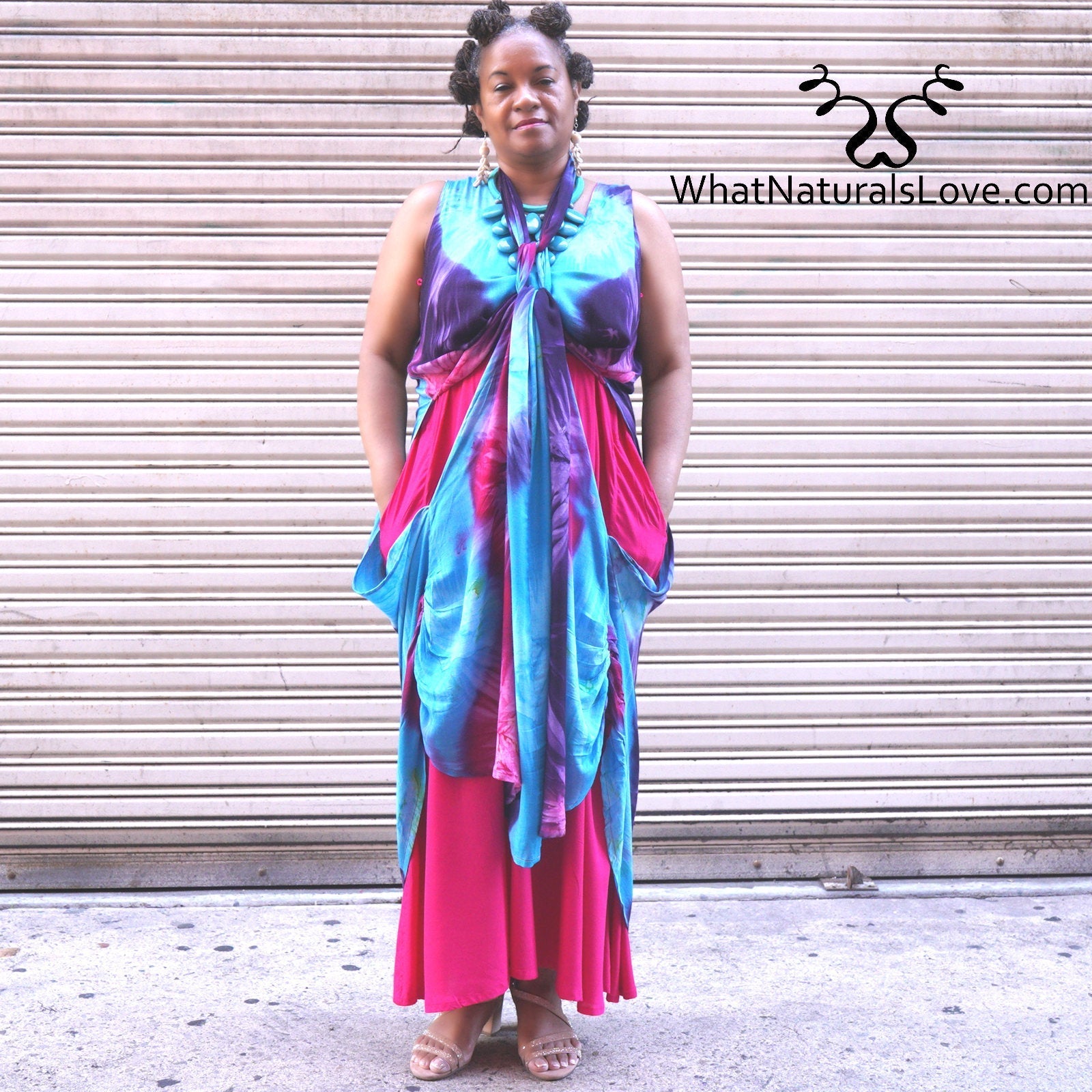 Moroccan Magic Dress Tye Dye tied at the front for a unique layered look. A stylish and comfortable long dress with pockets.