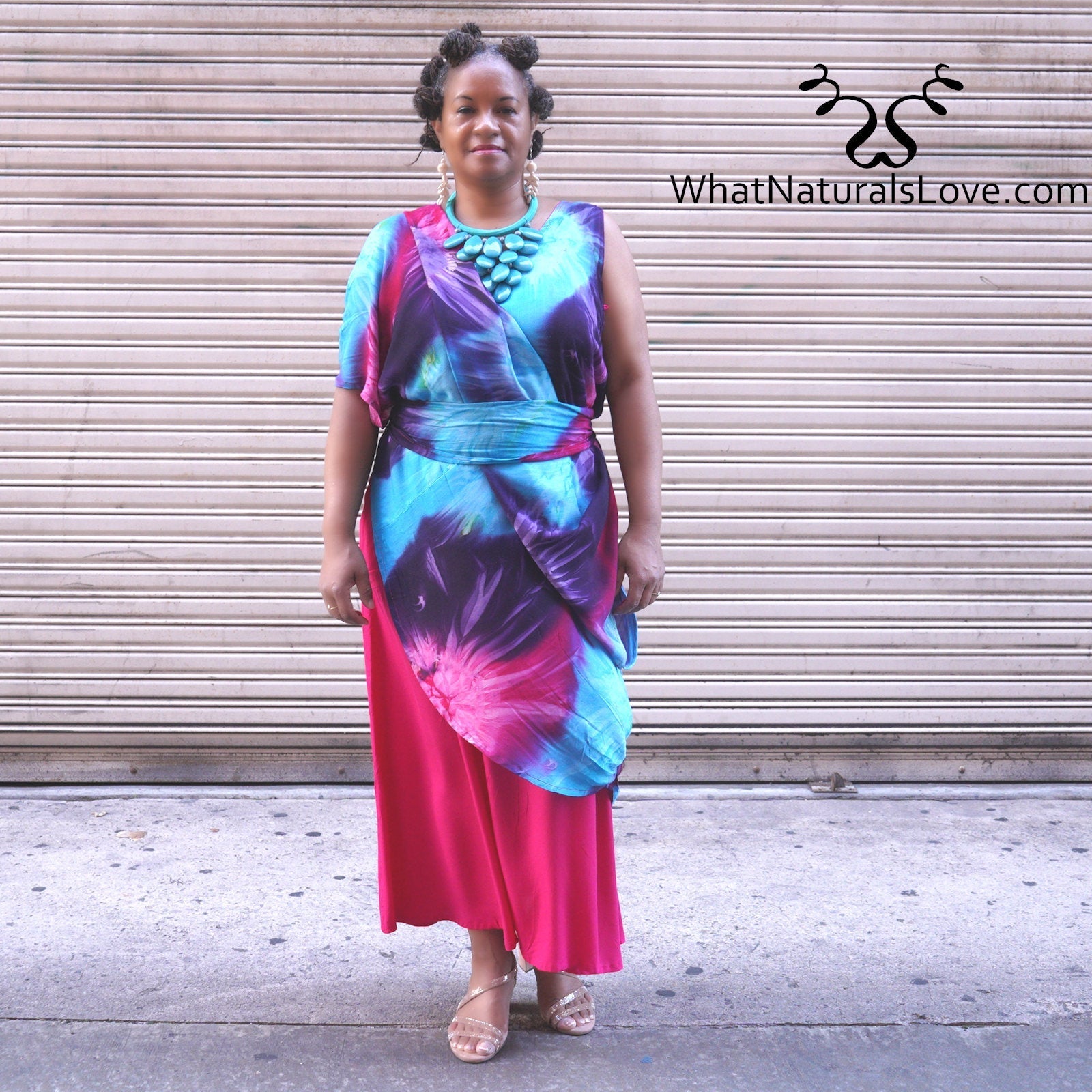 Moroccan Magic Dress Tye Dye wrapped and belted for a chic, asymmetrical look. A fashionable and versatile dress for women.