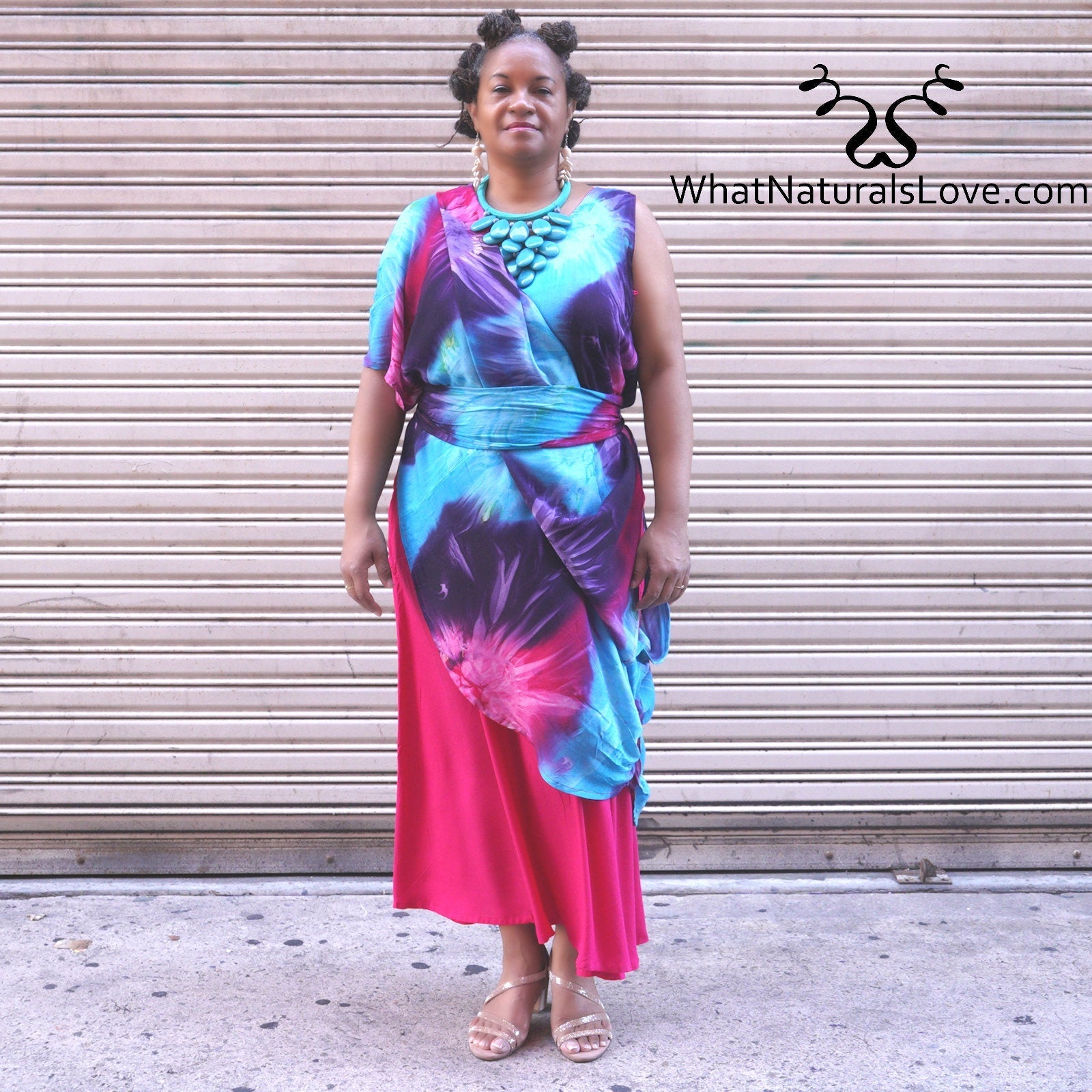 Moroccan Magic Dress Tye Dye styled with a wrap-around design, showcasing its multi-wear versatility. A perfect dress for various occasions.