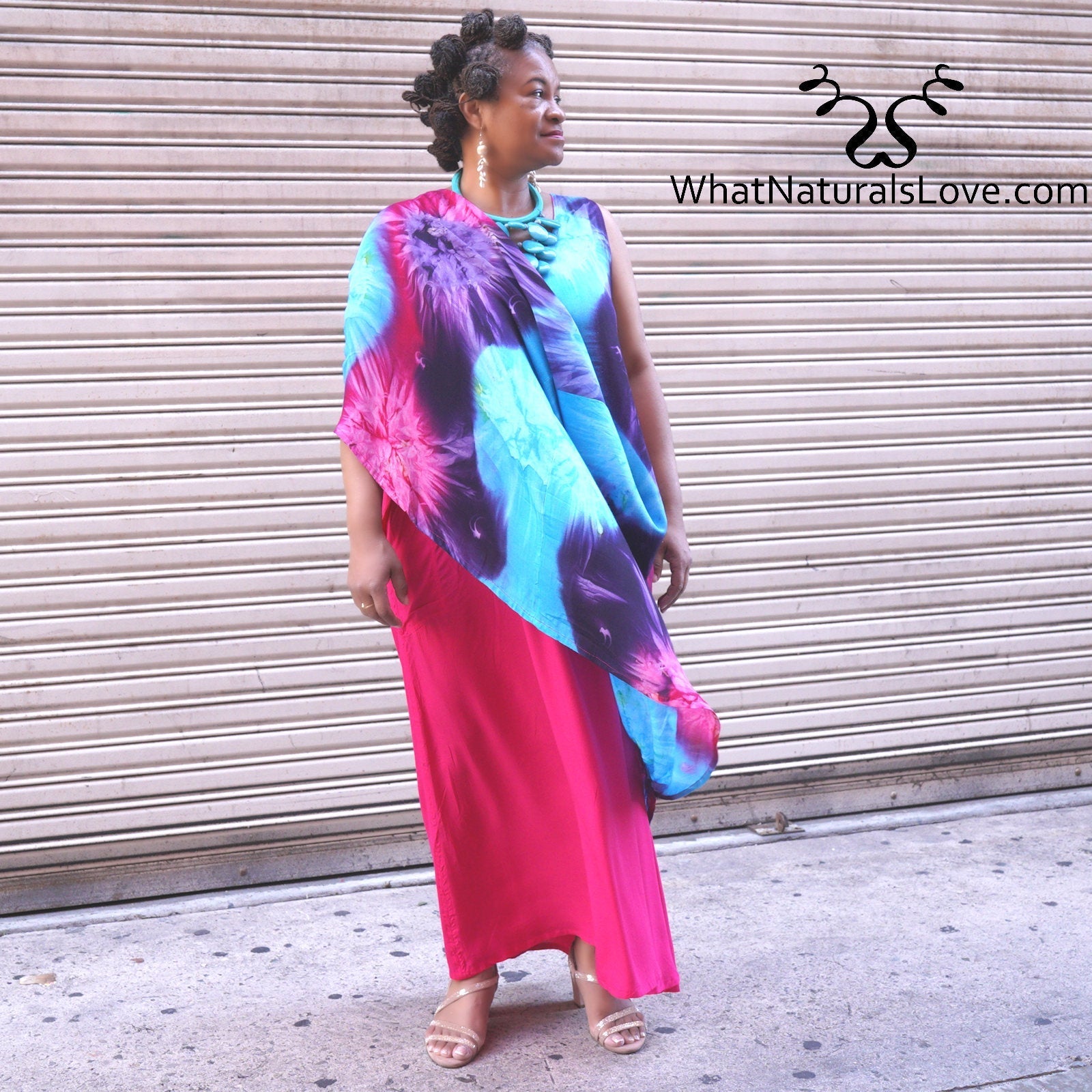 Moroccan Magic Dress Tye Dye styled asymmetrically over one shoulder, featuring a flowing silhouette. A unique and elegant dress for various occasions.