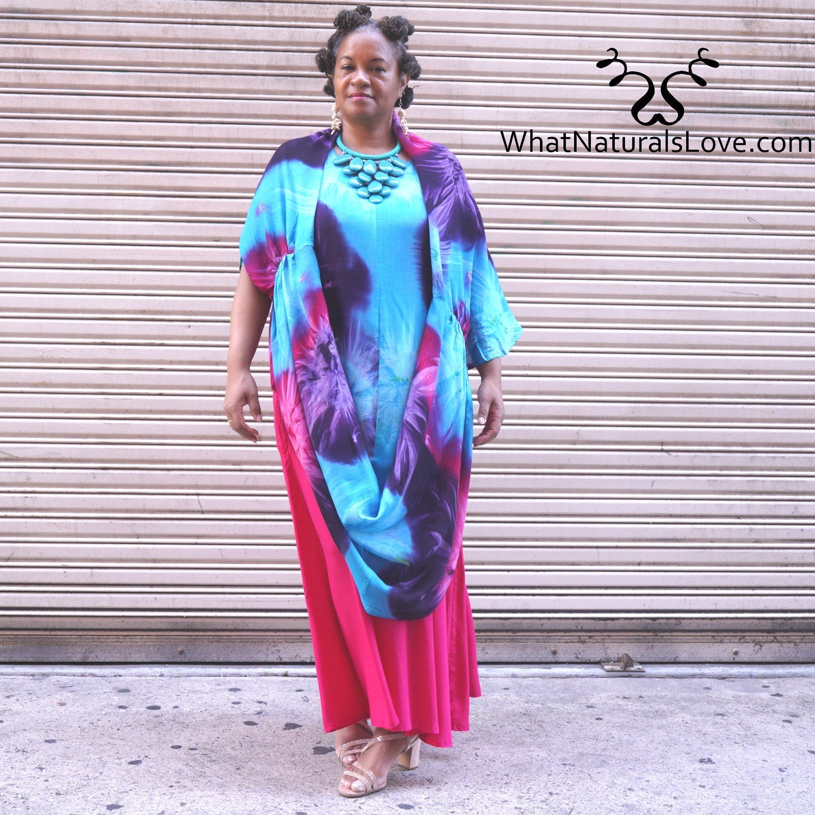Moroccan Magic Dress Tye Dye worn as a loose-fitting poncho-style dress. A versatile and elegant dress for women.