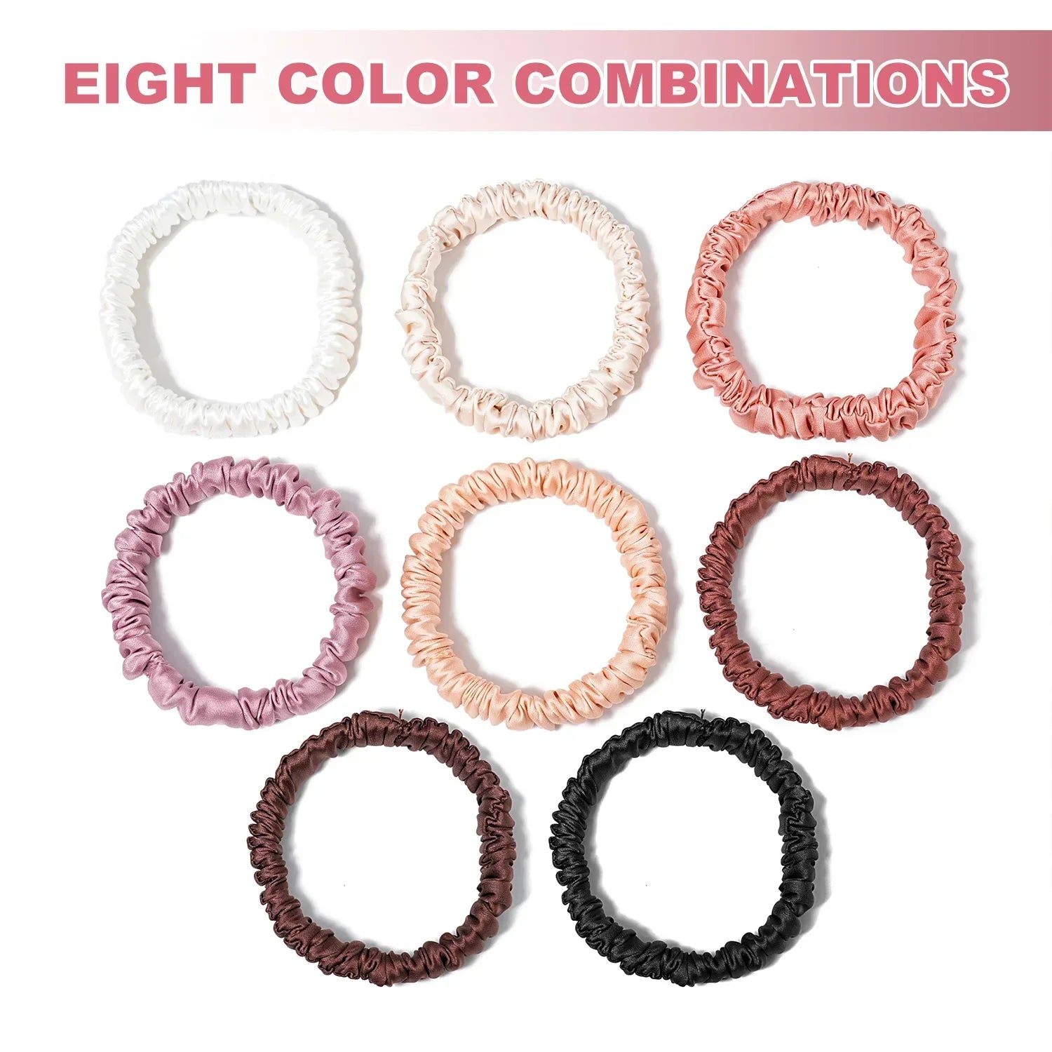 Top view of eight color combinations of Mulberry Silk Hair Elastics arranged in a grid. Designed for gentle, frizz-free hair styling.