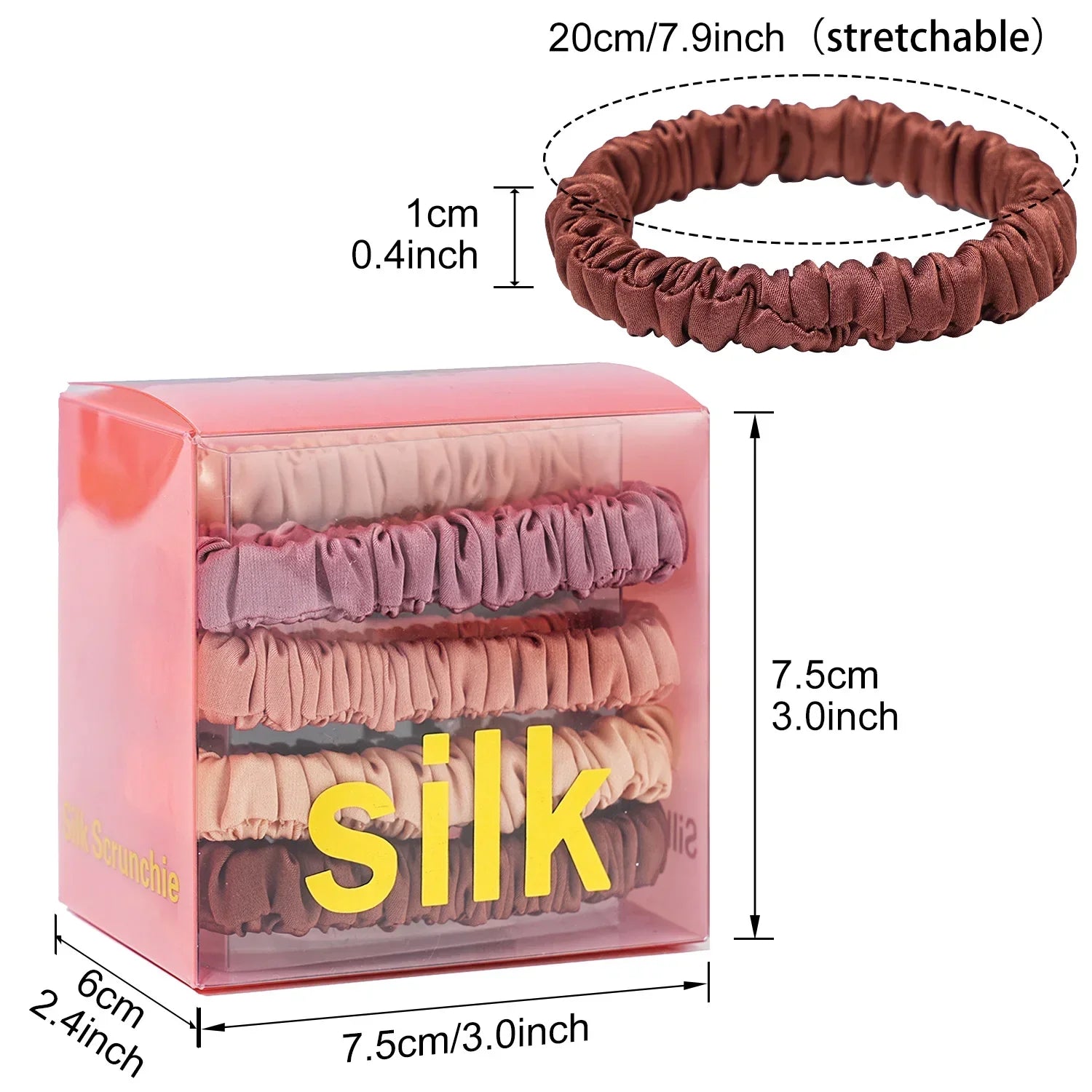 Mulberry Silk Hair Elastics 8-pack in a gift box with size dimensions. Stretchable and gentle for frizz-free styling of natural hair and locs.