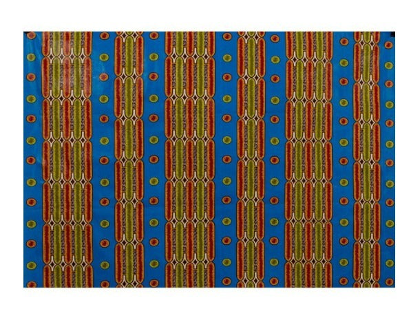 African fabric with blue and orange vertical patterns, perfect for making headwraps or clothing. A stylish and cultural textile choice.