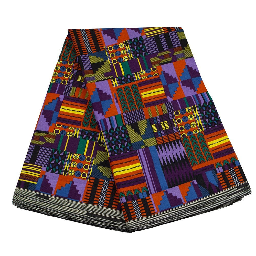 African fabric with a multicolored patchwork design, perfect for headwraps or clothing. A vibrant and cultural textile option.