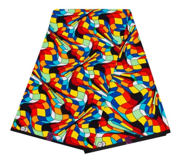 African fabric with a multicolored abstract pattern, ideal for headwraps or clothing. A bold and stylish textile for cultural fashion.