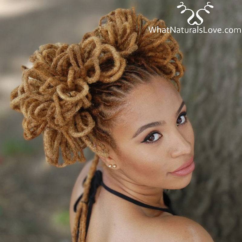 Petal Rose Locs worn by a Black Woman with long Dreadlocks from BAD Hair Uprooted Exhibition and Documentary from WhatNaturals Love