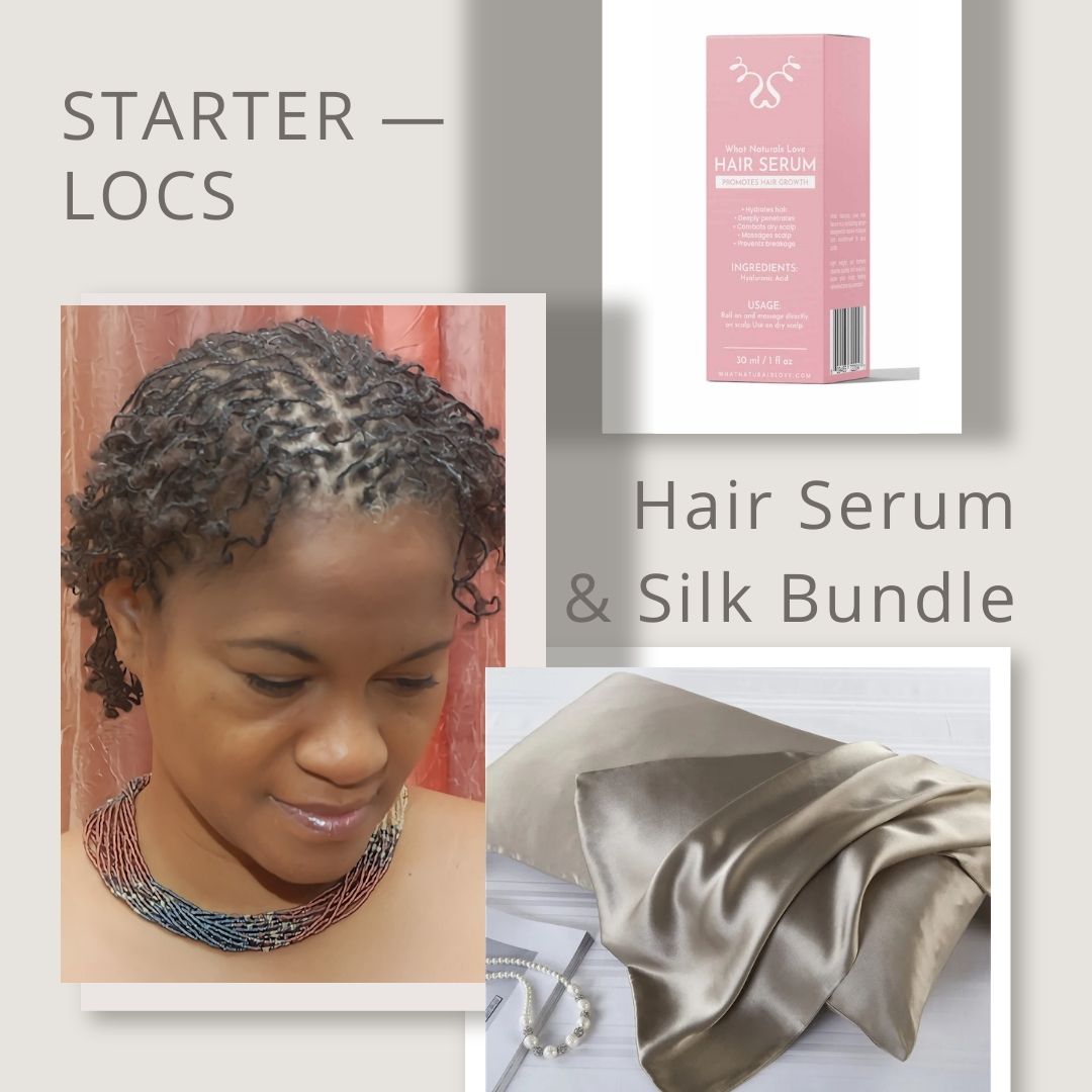 Hair serum, silk bundle, and starter locs with a woman wearing braided hair.