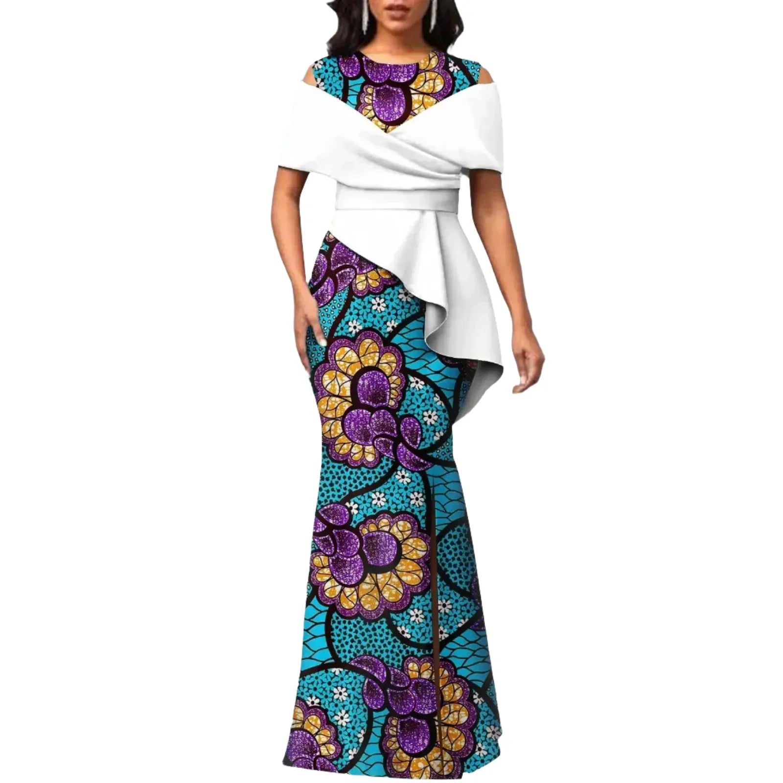 White off-the-shoulder African maxi dress with blue and purple floral Ankara print. High-waisted design with peplum detail for a chic appearance.