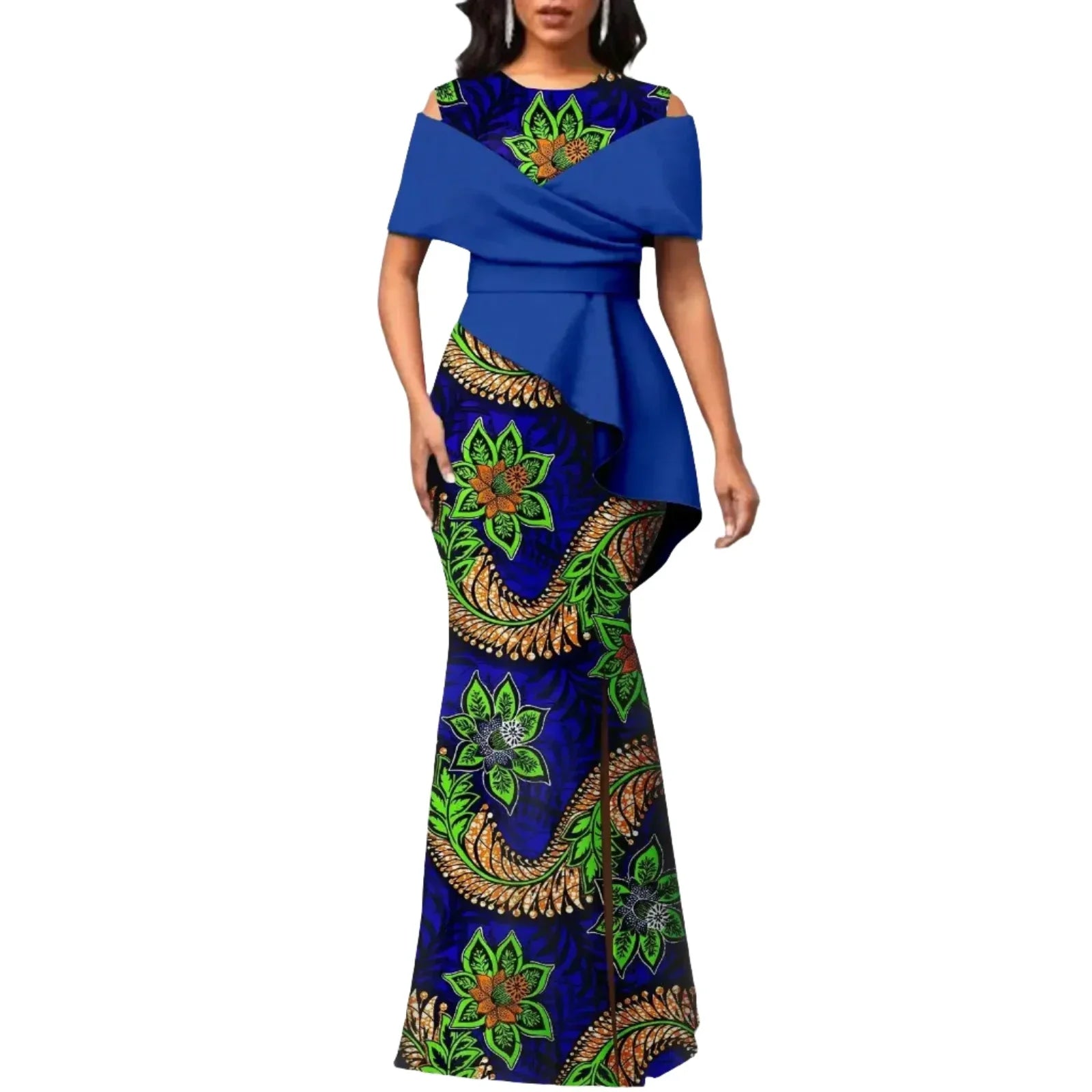 Blue off-the-shoulder African maxi dress with green floral Ankara print. High-waisted design with peplum detail, perfect for cultural events.