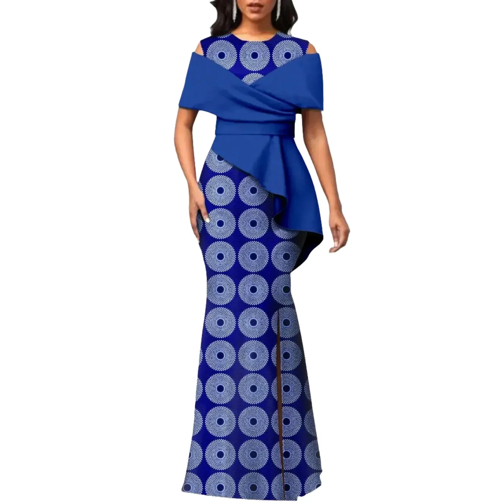 Blue off-the-shoulder African maxi dress with O-neck and high waist, featuring a bold circular Ankara print. Perfect for cultural and formal occasions.