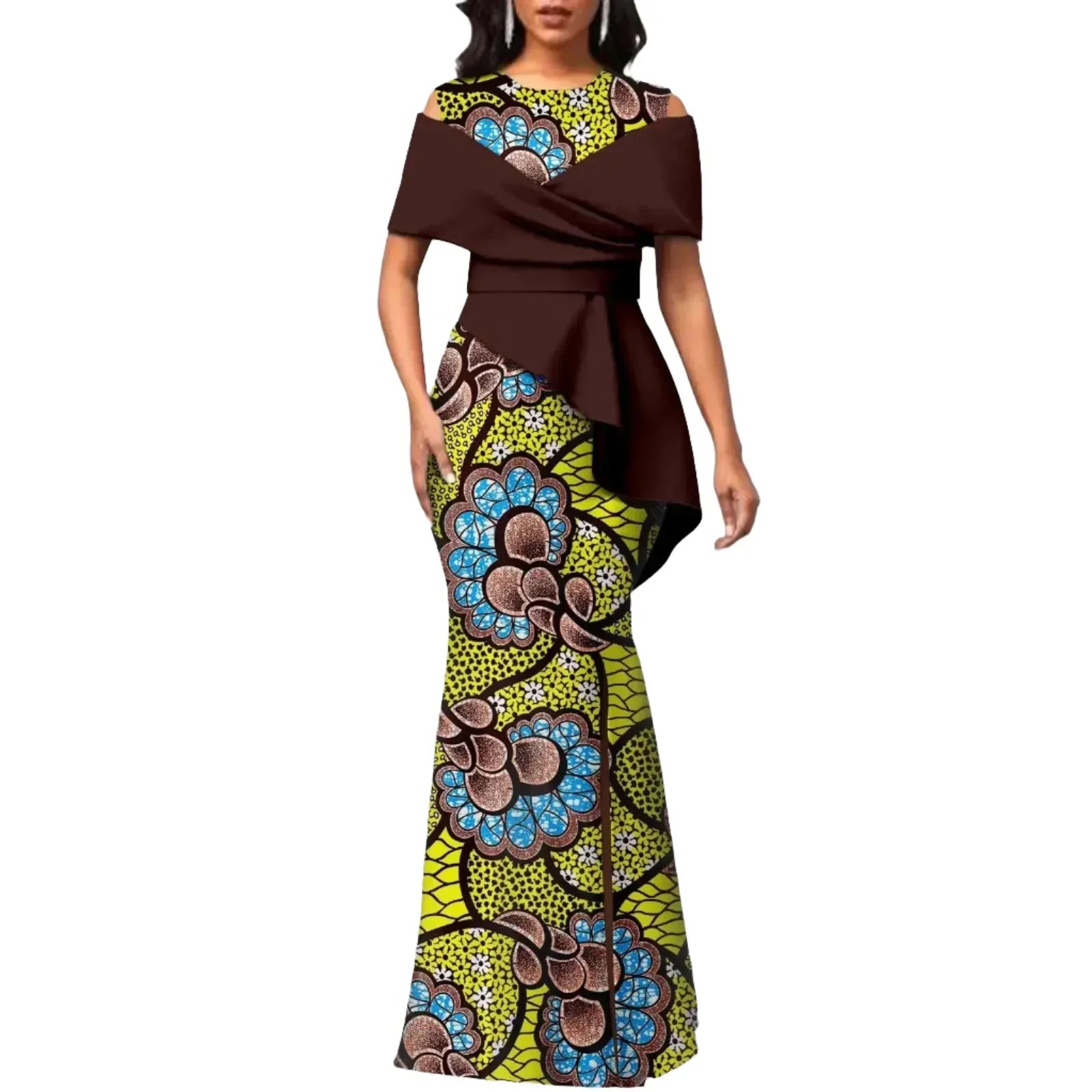 Brown off-the-shoulder African maxi dress with yellow and blue floral Ankara print. High waist and peplum detail enhance the elegant silhouette.