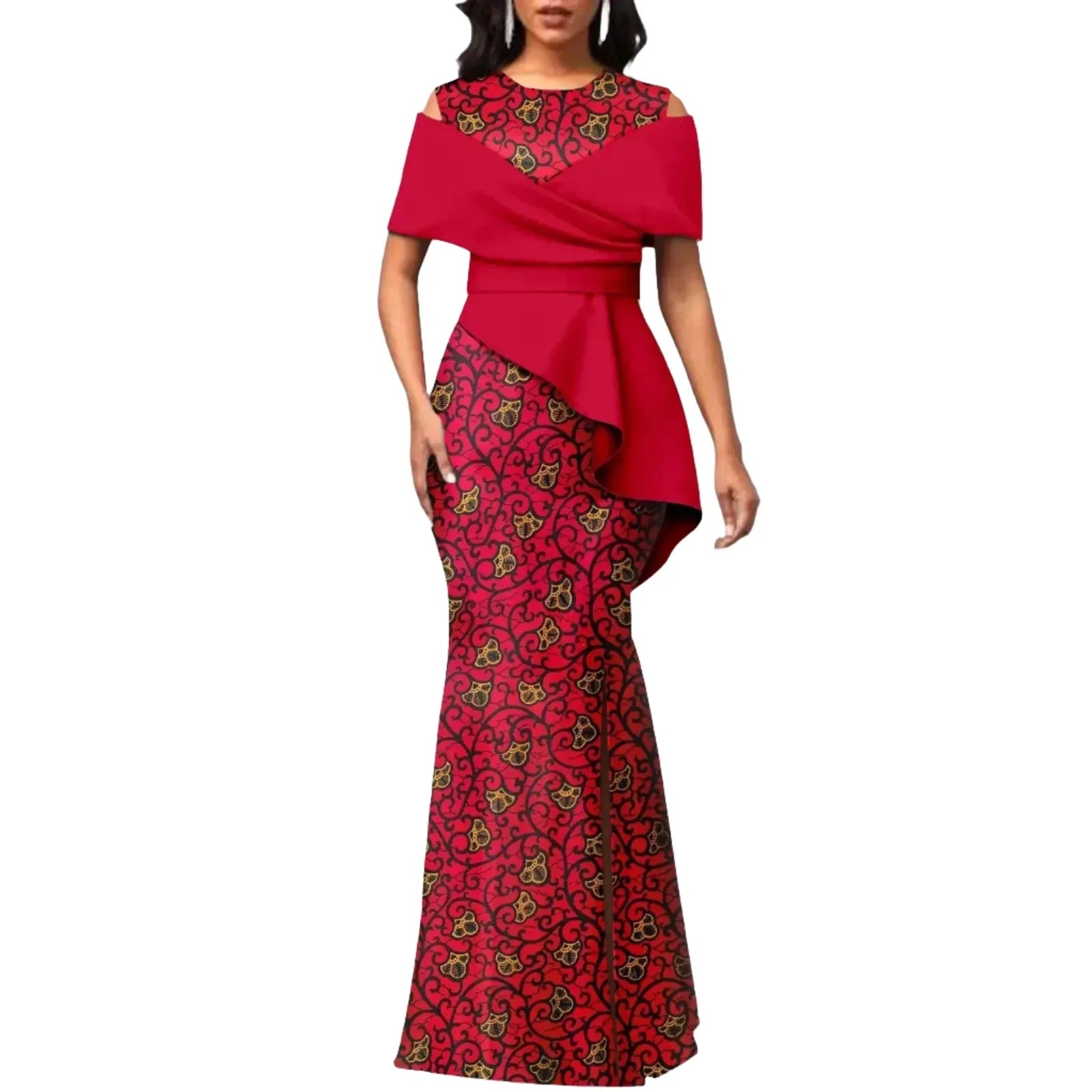 Elegant off-the-shoulder African maxi dress with O-neck and high waist in red Ankara print. Stylish peplum detail enhances the feminine silhouette.