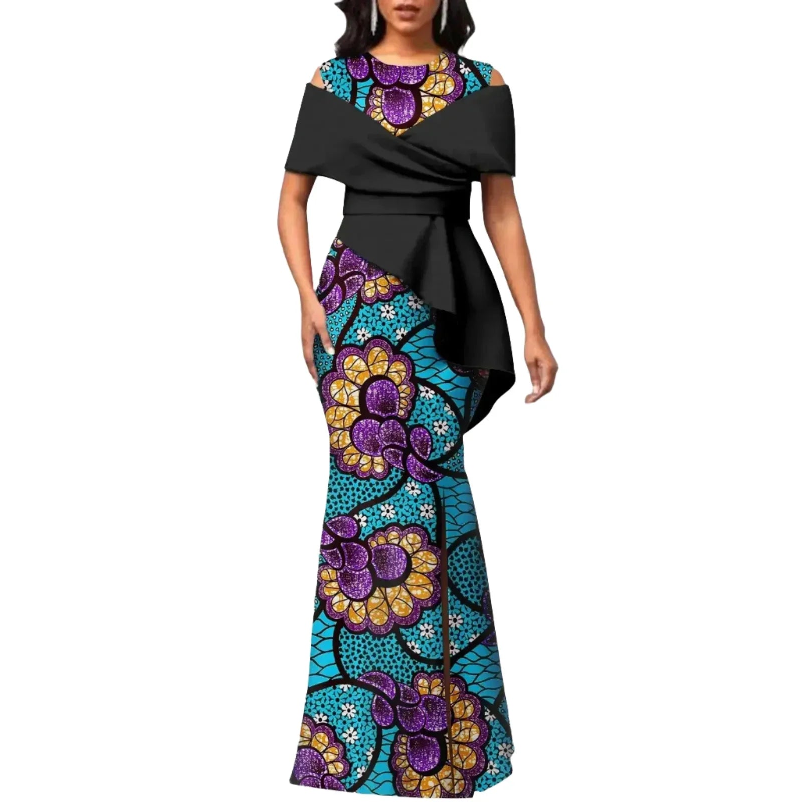 Black off-the-shoulder African maxi dress with blue and purple floral Ankara print. High waist and peplum accent for a flattering, stylish look.