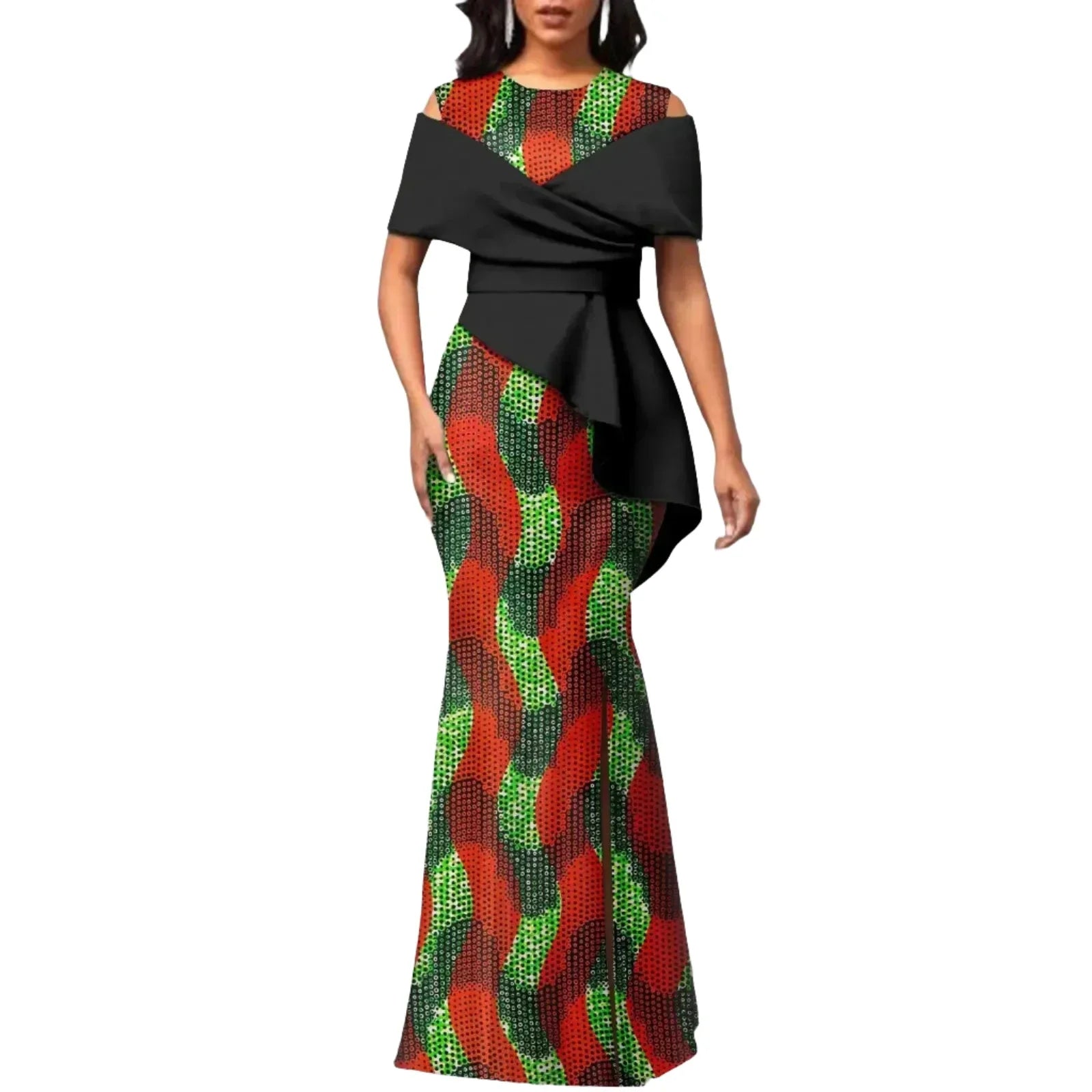 Black off-the-shoulder African maxi dress with red and green Ankara print. High waist and peplum accent for a bold and stylish statement.
