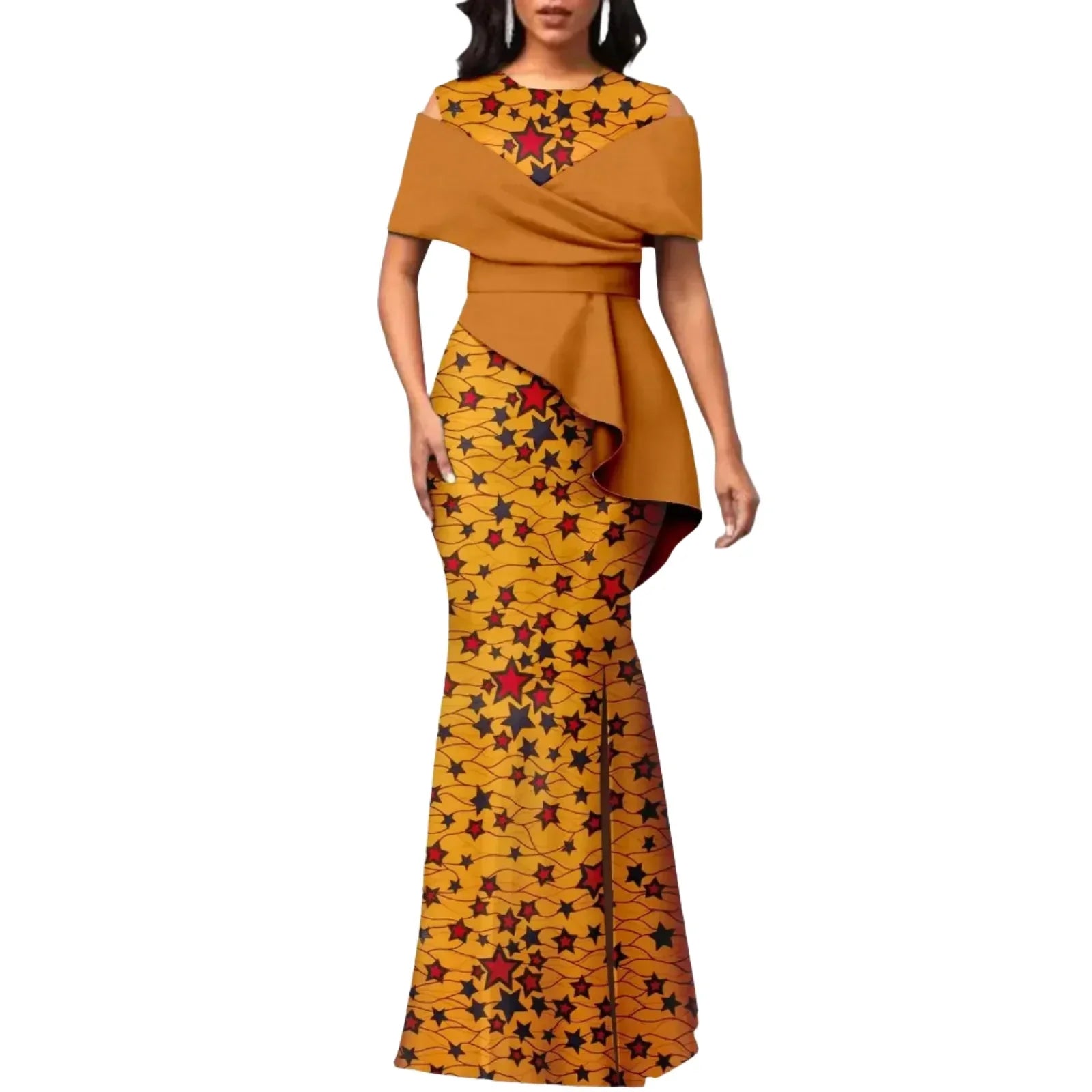 Stylish off-the-shoulder African maxi dress in mustard with star-patterned Ankara print. High waist and peplum detail create a sophisticated look.