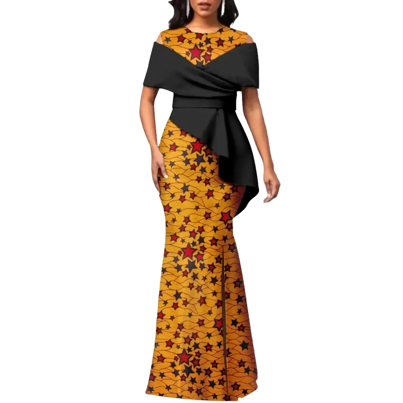 Black off-the-shoulder African maxi dress with mustard star-patterned Ankara print. High-waisted design with peplum detail for a chic appearance.