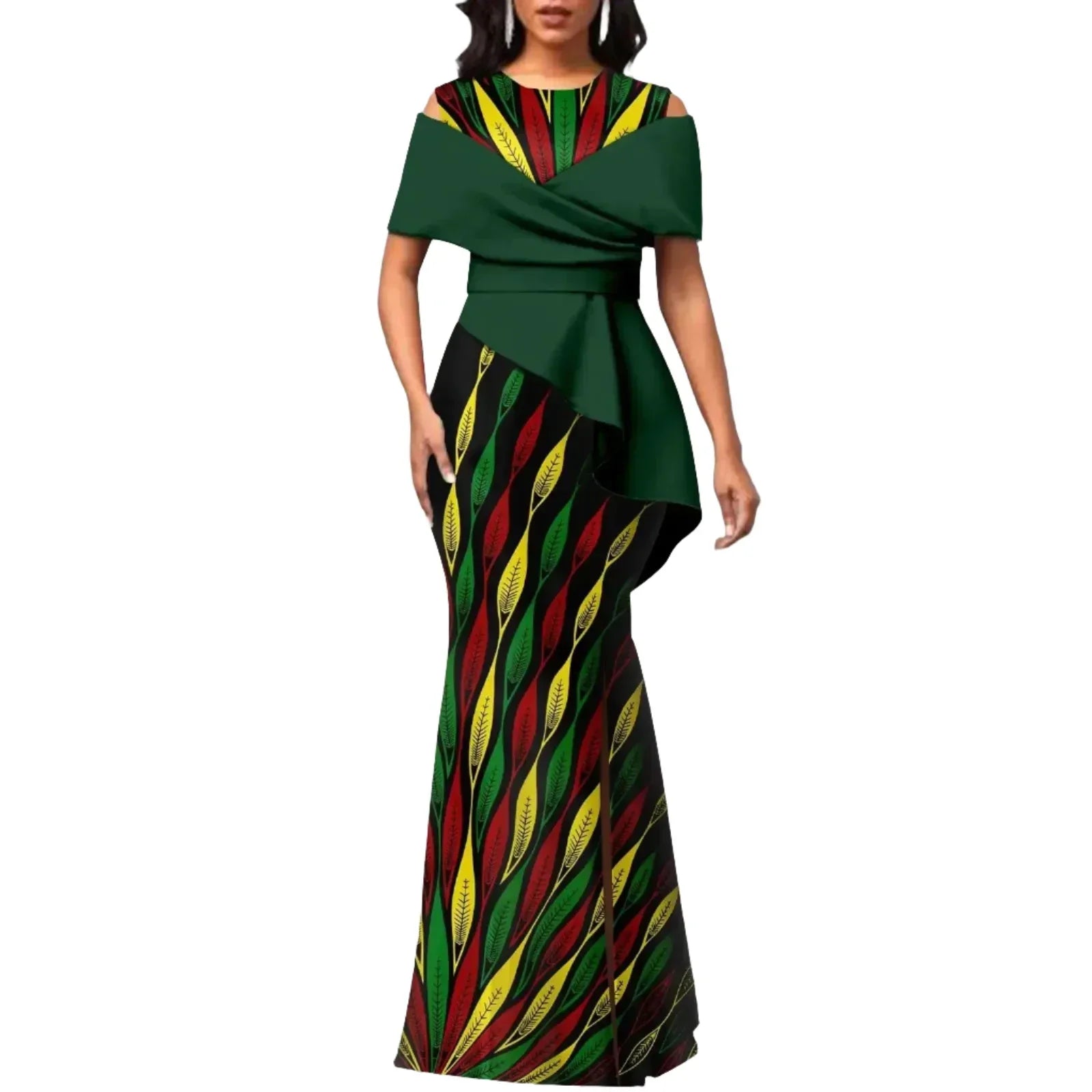 Green off-the-shoulder African maxi dress with vibrant Ankara print. O-neck and high waist design with peplum detail for an elegant finish.