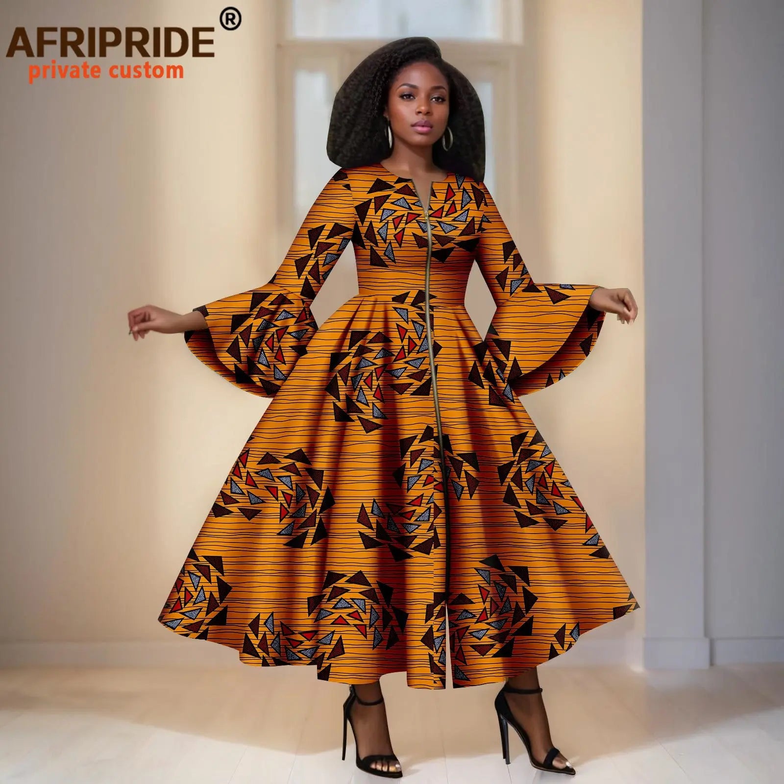 Orange Ankara Maxi Dress With Patterns – Bell Sleeves & Zipper Detail