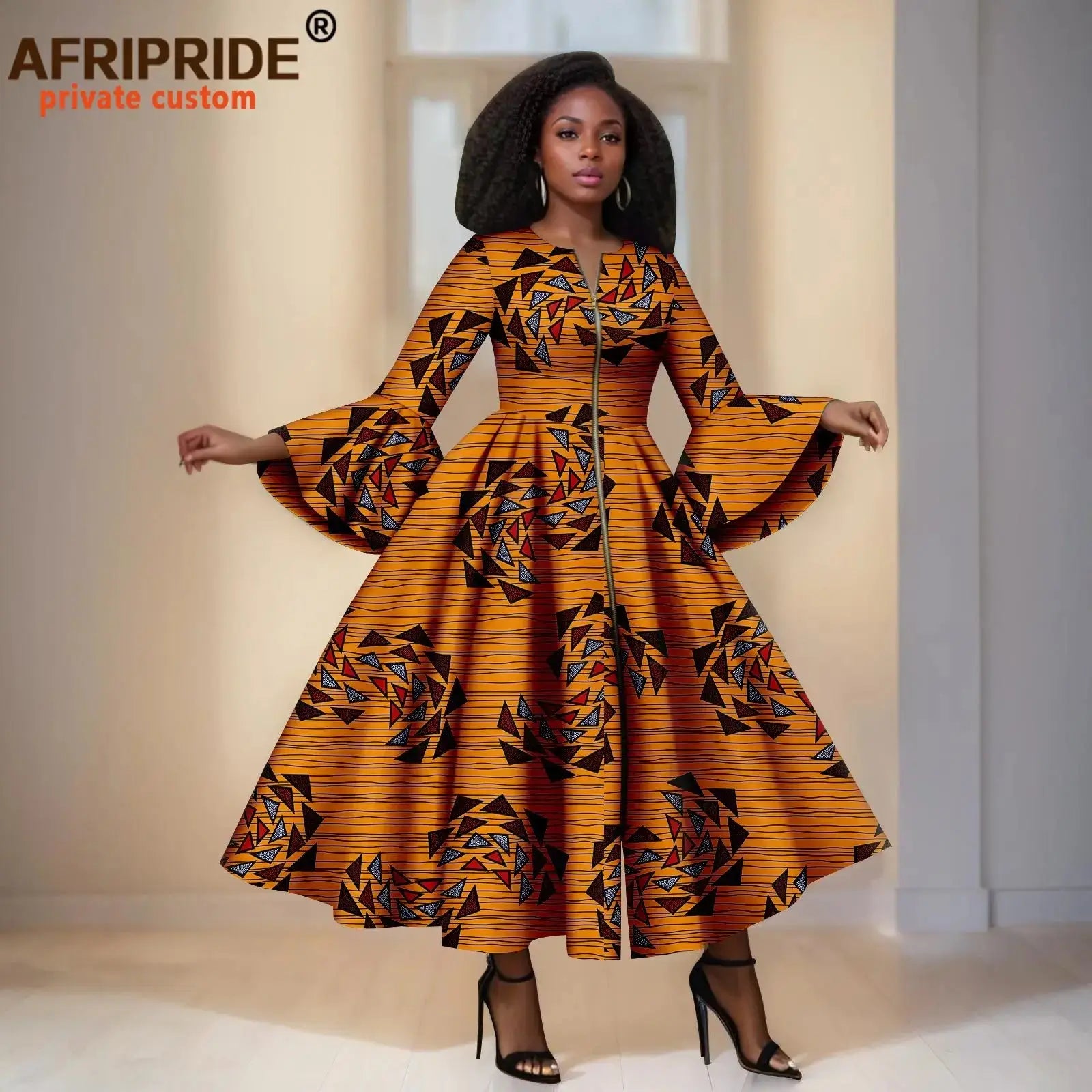 Orange Ankara Maxi Dress With Patterns – Bell Sleeves & Zipper Detail