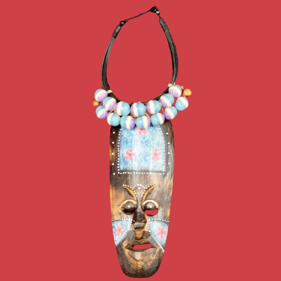Pastel Adorned Woodland Necklace featuring wooden beads and intricate hand-painted details. A unique handmade necklace blending tribal and artistic elements.