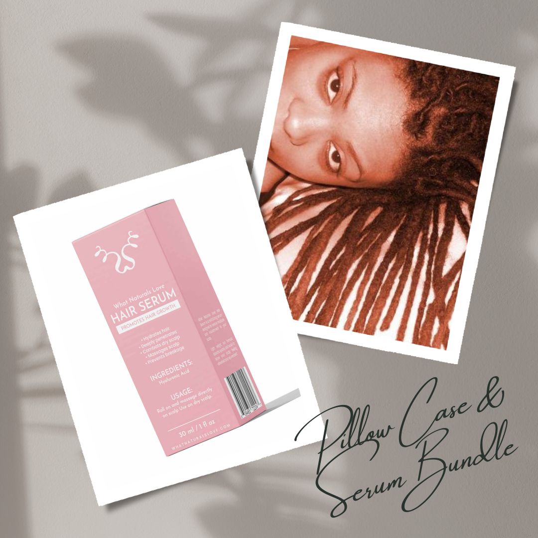 WNL Hair Serum & Silk Pillowcase Bundle for starter and mature locs, promoting hair growth and hydration with scalp care benefits.