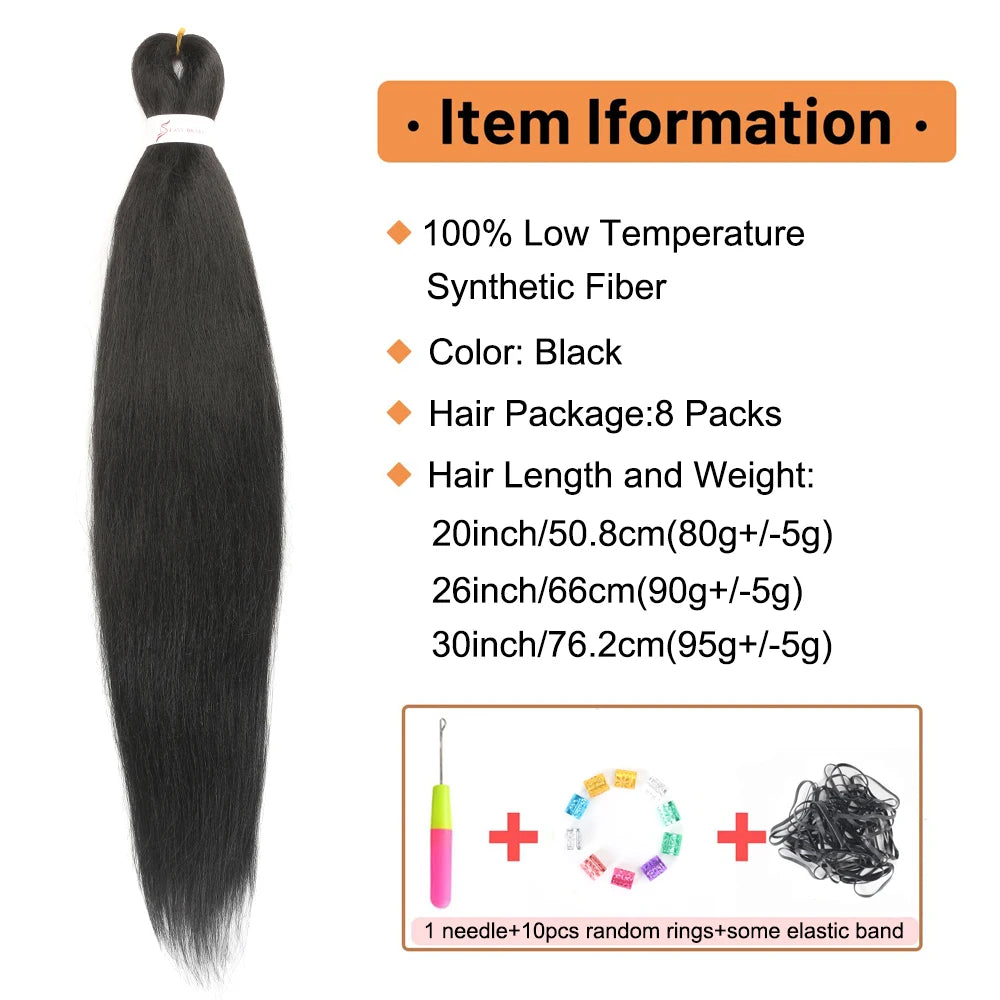 Black Pre Stretched Braiding Hair Extension synthetic fiber. Coming in 8 packs in 20 inch, 26 or 30 inch length