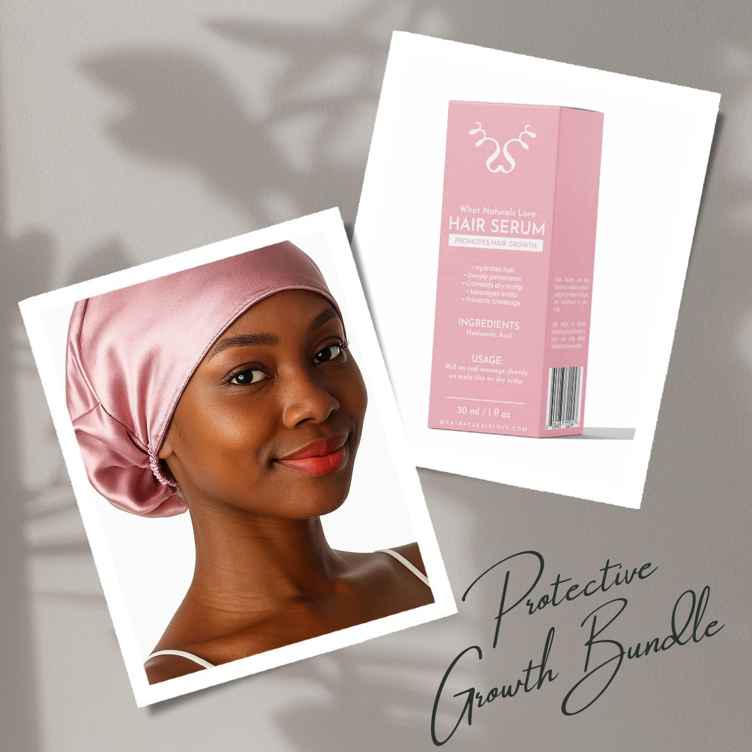 WNL Hair Serum & Silk Bonnet Bundle featuring a woman in a pink mulberry silk sleeping cap and a boxed serum for hydrating hair care.