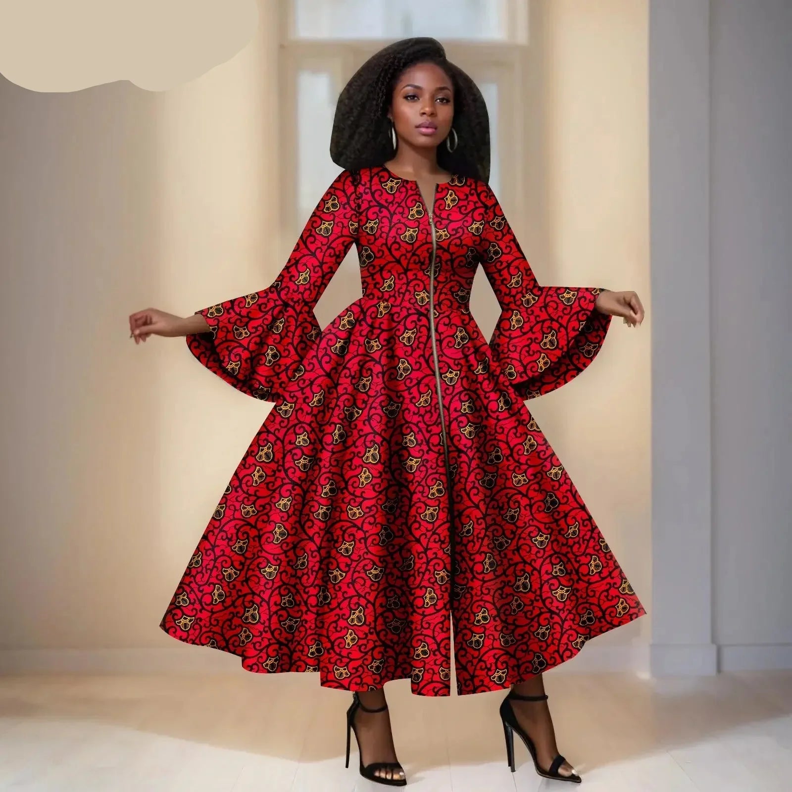 Red Ankara Maxi Dress With Orange Details – Bell Sleeves & Zipper Detail