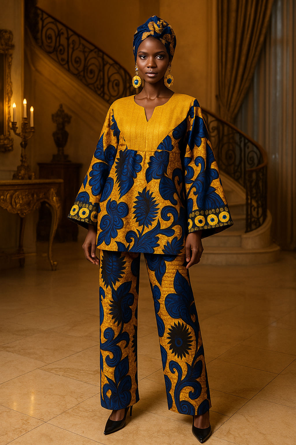 Royal African Pants Set with Headwrap and Earrings