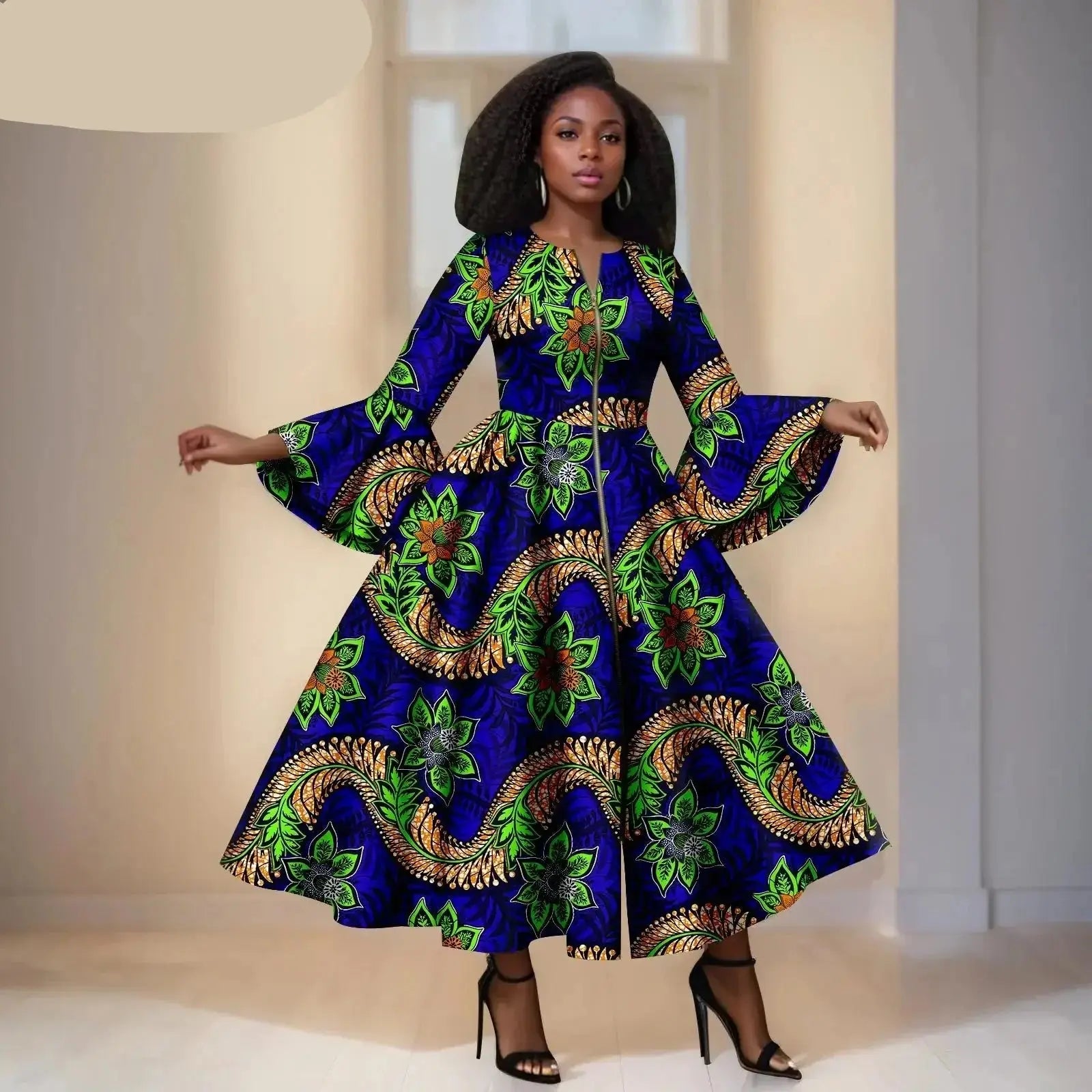 Royal Blue Ankara Maxi Dress With Green Flowers and Orange Details– Bell Sleeves & Zipper Detail