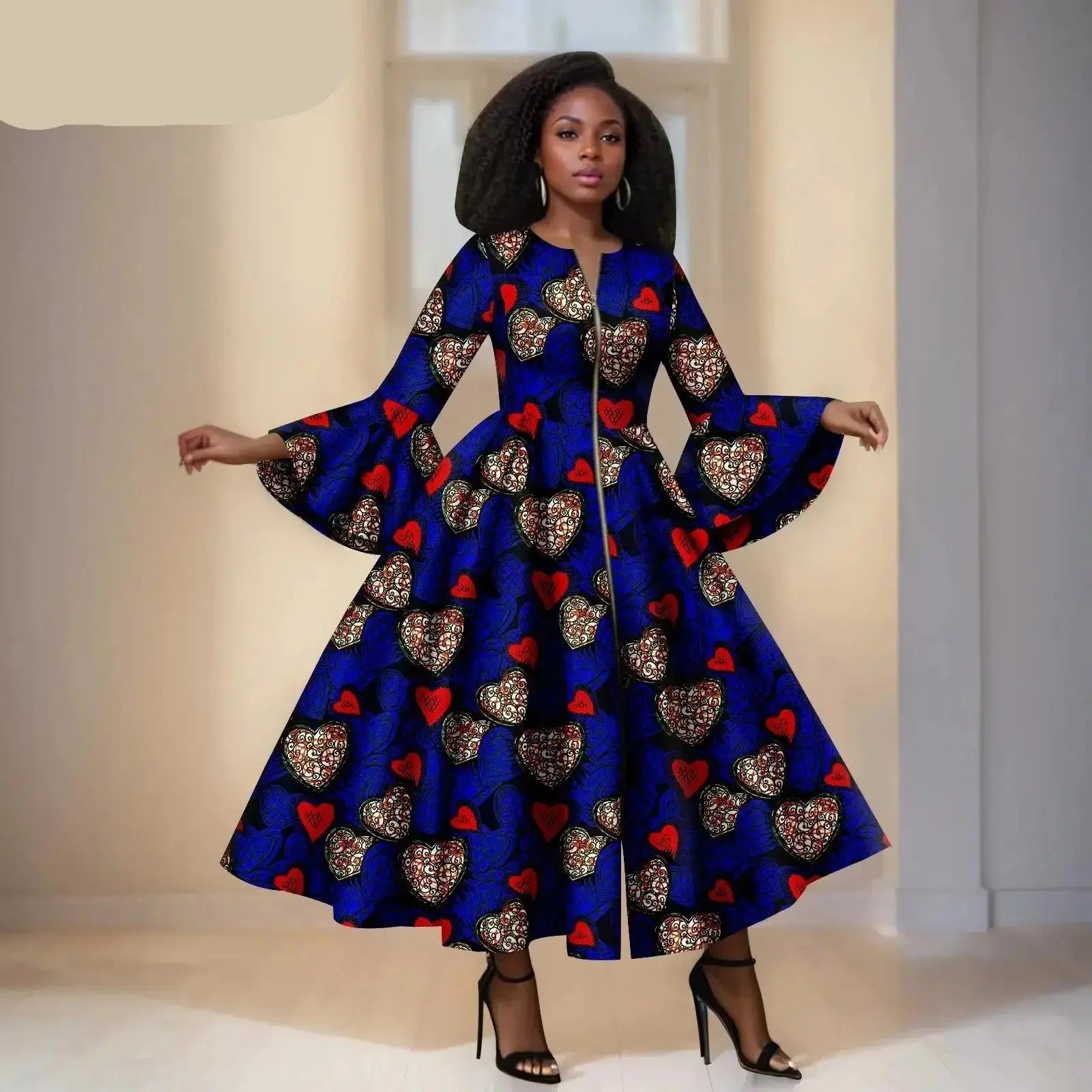 Royal Blue Ankara Maxi Dress With Hearts in Red and Other Colours– Bell Sleeves & Zipper Detail