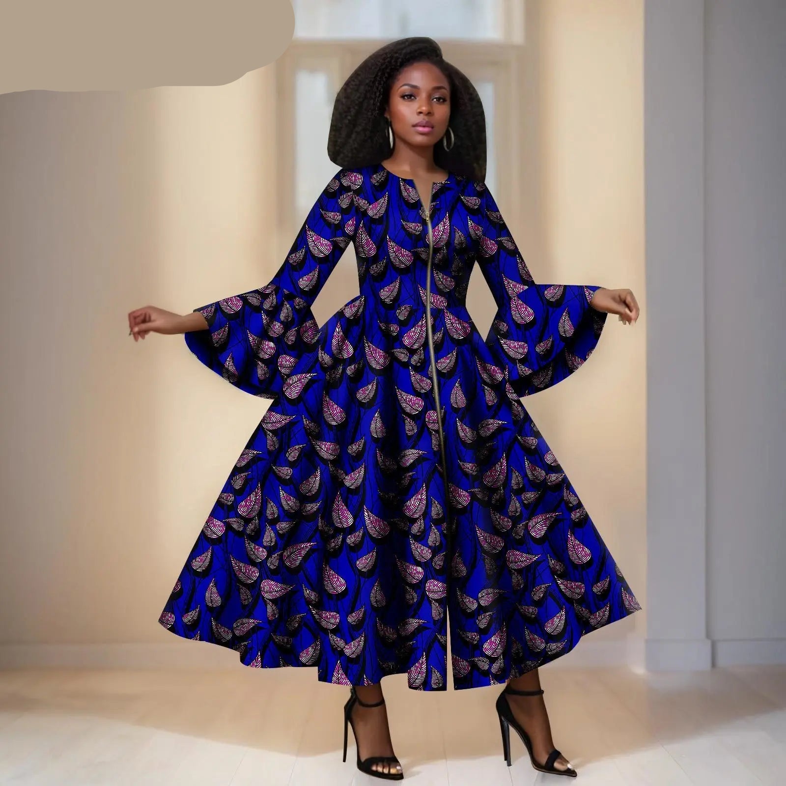 Royal Blue Ankara Maxi Dress With LeafDetail – Bell Sleeves & Zipper Detail
